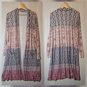 LOGO by Lori Goldstein Long Cardigan Knit Mixed Print Pink Blue Womens XL Modest